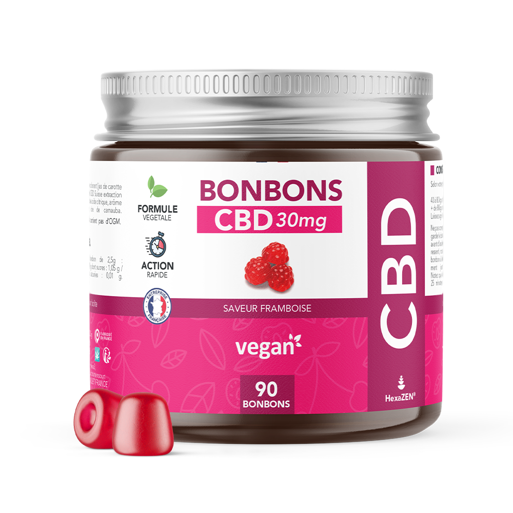 Boite de bonbons CBD 30mg à la saveur framboise