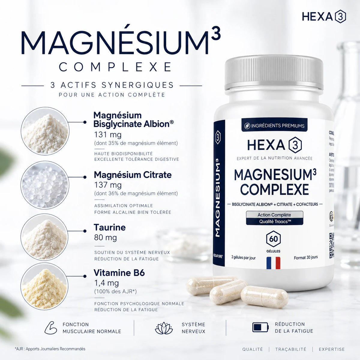 Les 3 actifs du Magnésium3 HexaPURE bisglycinate TRAACS citrate taurine vitamine B6 60 gélules